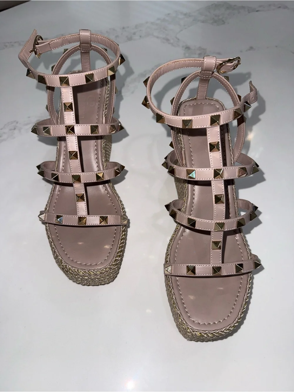 Valentino Pink Rockstud Espadrille Wedge Sandals